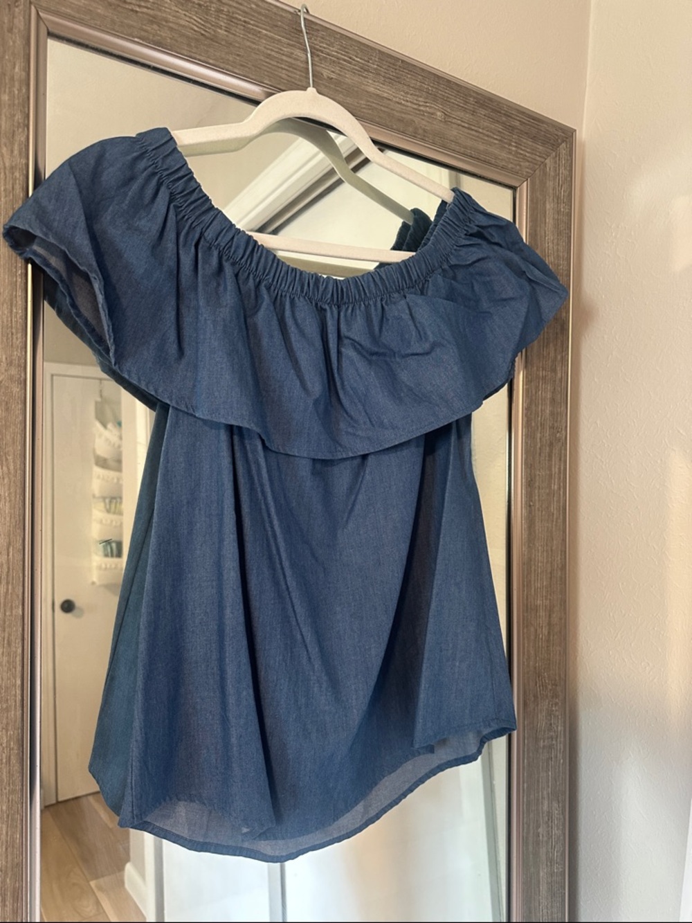 orange creek Denim-Blue Off-Shoulder Ruffle Top